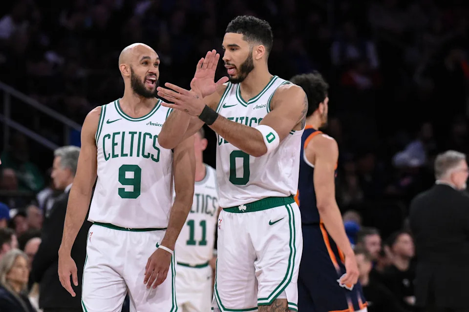 Apr 8, 2025; New York, New York, USA; Boston Celtics forward Jayson Tatum (0) and Boston Celtics guard Derrick White (9) react during the first half against the New York Knicks at Madison Square Garden. Mandatory Credit: John Jones-Imagn Images