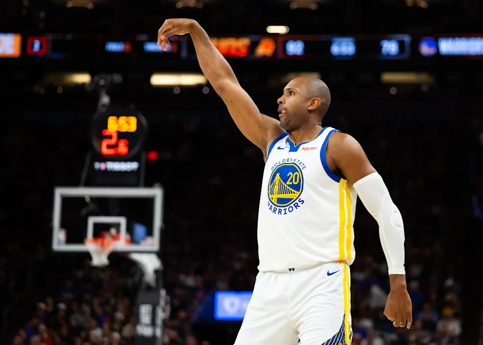 Apr 17, 2026; Phoenix, Arizona, USA; Golden State Warriors center Al Horford (20) against the Phoenix Suns during the play-in rounds of the 2026 NBA Playoffs at Mortgage Matchup Center. Mandatory Credit: Mark J. Rebilas-Imagn Images