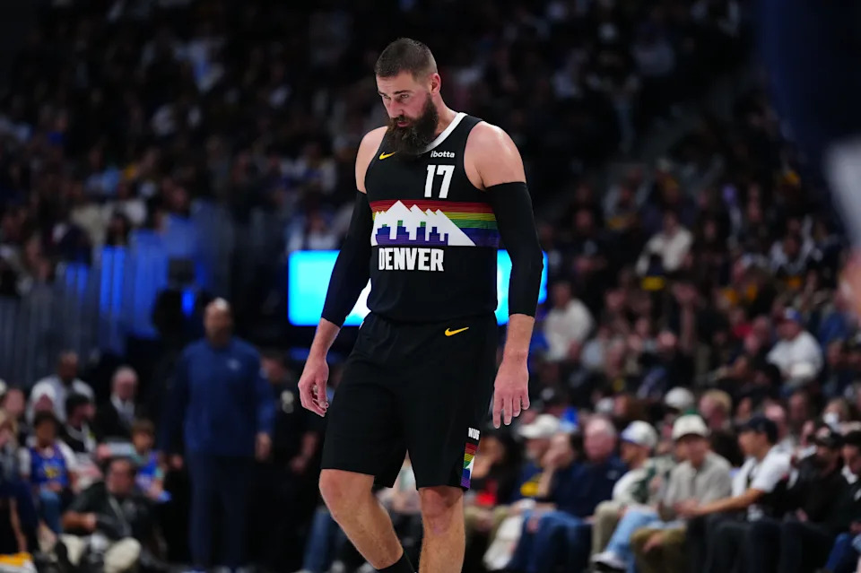 Apr 10, 2026; Denver, Colorado, USA; Denver Nuggets center Jonas Valanciunas (17) reacts after his turnover in the second half against the Oklahoma City Thunder at Ball Arena. Mandatory Credit: Ron Chenoy-Imagn Images