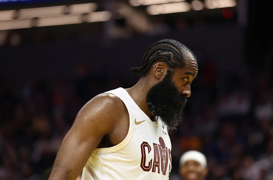 Apr 2, 2026; San Francisco, California, USA; Cleveland Cavaliers guard James Harden (1) after a play against the Golden State Warriors during the fourth quarter at Chase Center. Mandatory Credit: Kelley L Cox-Imagn Images