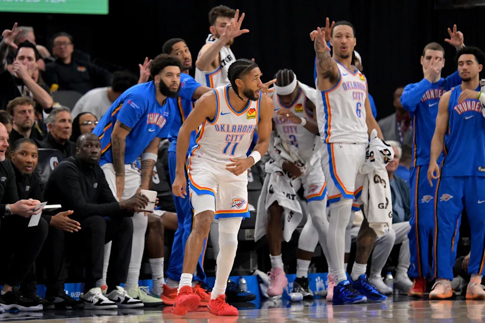 Apr 8, 2026; Inglewood, California, USA; Oklahoma City Thunder guard Isaiah Joe (11) heads down the sideline after a three-point basket in the first half against the Los Angeles Clippers in the first half at Intuit Dome. Mandatory Credit: Jayne Kamin-Oncea-Imagn Images