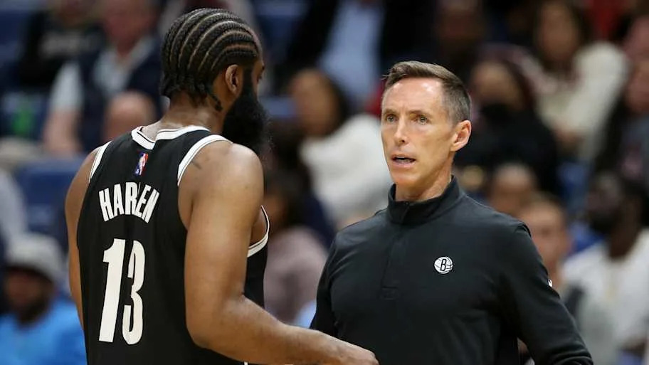 Brooklyn Nets guard James Harden (13) talks to head coach Steve Nash during the second half. Credit: Chuck Cook-Imagn Images