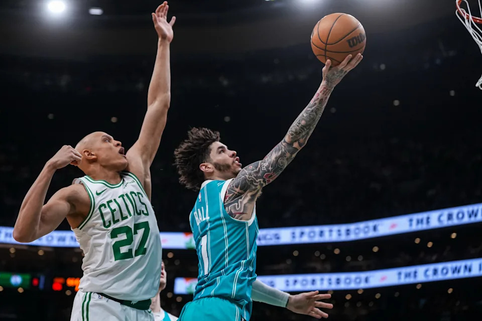Apr 7, 2026; Boston, Massachusetts, USA; Charlotte Hornets guard LaMelo Ball (1) drives the ball to the basket against Boston Celtics guard Jordan Walsh (27) in the second half at TD Garden. Mandatory Credit: David Butler II-Imagn Images