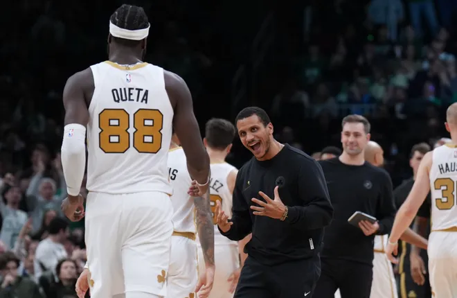 Dec 19, 2025; Boston, Massachusetts, USA; Boston Celtics head coach Joe Mazzulla reacts with center Neemias Queta (88) after a play against the Miami Heat in the second half at TD Garden. Mandatory Credit: David Butler II-Imagn Images