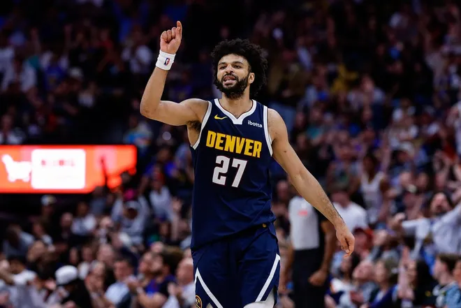 Mar 25, 2026; Denver, Colorado, USA; Denver Nuggets guard Jamal Murray (27) reacts after a play in the fourth quarter against the Dallas Mavericks at Ball Arena.