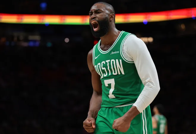 Apr 1, 2026; Miami, Florida, USA; Boston Celtics guard Jaylen Brown (7) reacts against the Miami Heat during the third quarter at Kaseya Center. Mandatory Credit: Sam Navarro-Imagn Images
