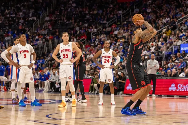 Mar 31, 2026; Detroit, Michigan, USA; Toronto Raptors Brandon Ingram (3) shoots a technical free throw as the Detroit Pistons players watch in the background during the second half at Little Caesars Arena.