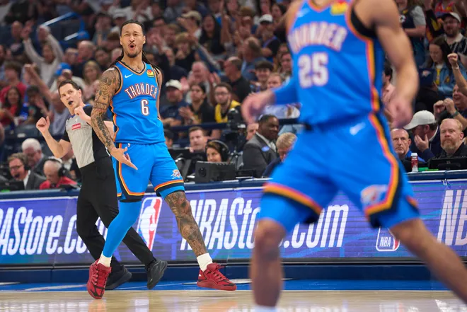OKLAHOMA CITY, OKLAHOMA - APRIL 02: Jaylin Williams #6 of the Oklahoma City Thunder celebrates after a play during the first half against the Los Angeles Lakers at the Paycom Center on April 2, 2026 in Oklahoma City, Oklahoma. NOTE TO USER: User expressly acknowledges and agrees that, by downloading and or using this photograph, User is consenting to the terms and conditions of the Getty Images License Agreement. (Photo by Cooper Neill/Getty Images)