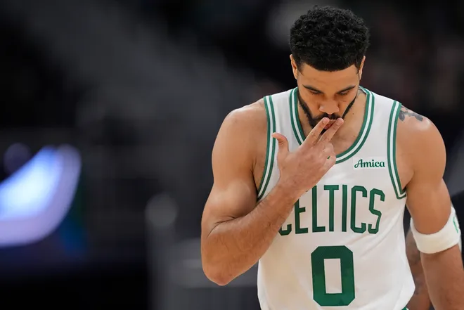 MILWAUKEE, WISCONSIN - APRIL 03: Jayson Tatum #0 of the Boston Celtics celebrates after making a three point basket against the Milwaukee Bucks during the first quarter at Fiserv Forum on April 03, 2026 in Milwaukee, Wisconsin. NOTE TO USER: User expressly acknowledges and agrees that, by downloading and or using this photograph, User is consenting to the terms and conditions of the Getty Images License Agreement. (Photo by Patrick McDermott/Getty Images)