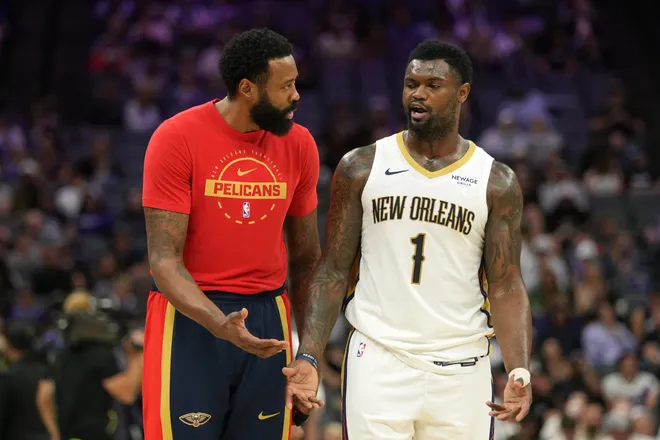 Apr 3, 2026; Sacramento, California, USA; New Orleans Pelicans center DeAndre Jordan (left) and forward Zion Williamson (1) talks during the fourth quarter against the Sacramento Kings at Golden 1 Center. Mandatory Credit: Darren Yamashita-Imagn Images