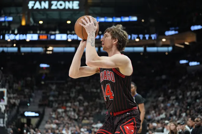 Mar 30, 2026; San Antonio, Texas, USA; Chicago Bulls forward Matas Buzelis (14) shoots in the first half against the San Antonio Spurs at Frost Bank Center. Mandatory Credit: Daniel Dunn-Imagn Images