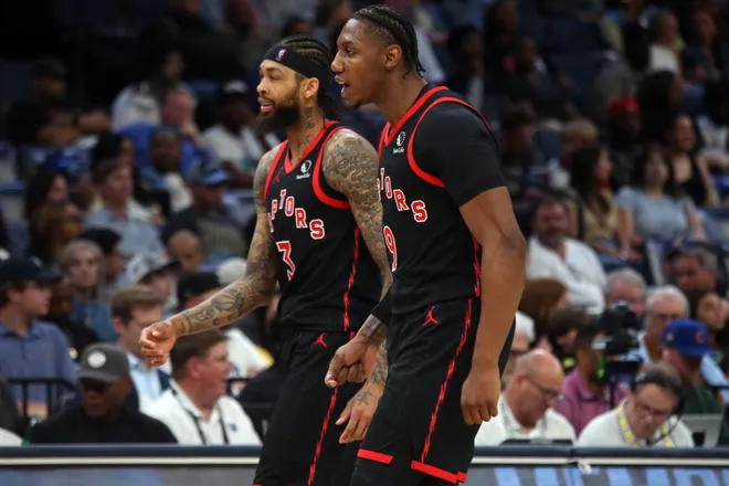 Apr 3, 2026; Memphis, Tennessee, USA; Toronto Raptors forward RJ Barrett (9) reacts during the second quarter against the Memphis Grizzlies at FedExForum. Mandatory Credit: Petre Thomas-Imagn Images