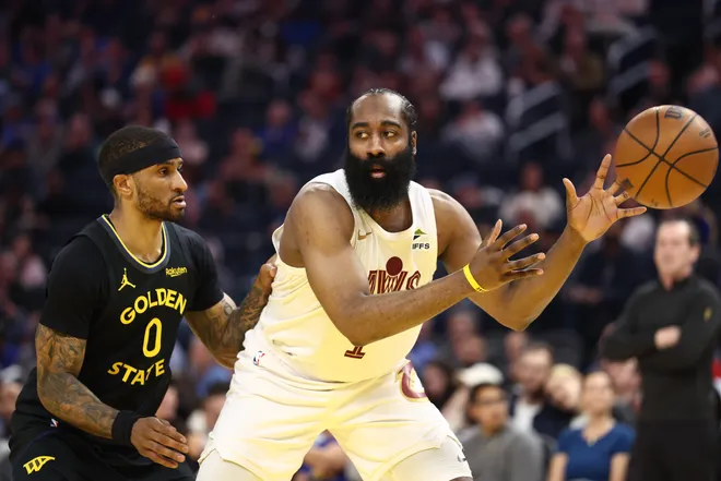 Apr 2, 2026; San Francisco, California, USA; Cleveland Cavaliers guard James Harden (1) receives the inbound pass against Golden State Warriors guard Gary Payton II (0) during the second quarter at Chase Center. Mandatory Credit: Kelley L Cox-Imagn Images