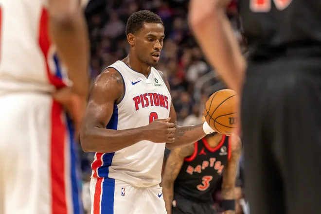Mar 31, 2026; Detroit, Michigan, USA; Detroit Pistons Jalen Duren (0) gets set to shoot a free throw against the Toronto Raptors during the first quarter at Little Caesars Arena. Mandatory Credit: David Reginek-Imagn Images