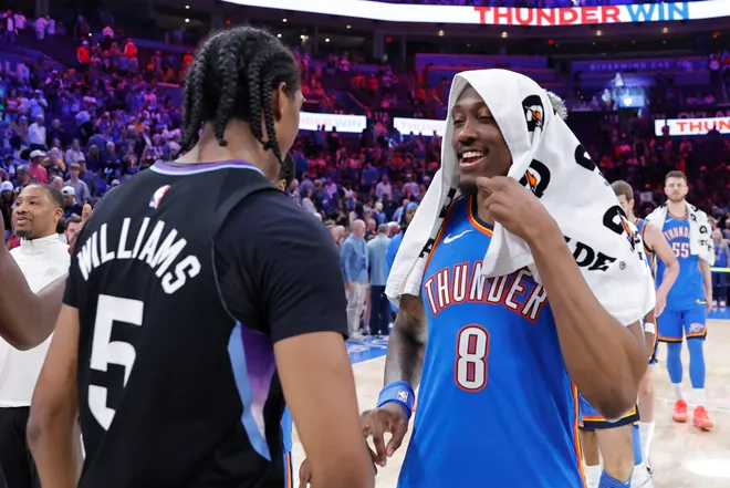 Apr 5, 2026; Oklahoma City, Oklahoma, USA; Oklahoma City Thunder guard Jalen Williams (8) talks to his brother Utah Jazz forward Cody Williams (5) after their game at Paycom Center. Mandatory Credit: Alonzo Adams-Imagn Images