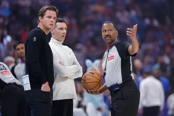 Apr 5, 2026; Oklahoma City, Oklahoma, USA; Referee James Capers (19) talks to Oklahoma City Thunder head coach Mark Daigneault and Utah Jazz head coach Will Hardy before the start of their game at Paycom Center. Mandatory Credit: Alonzo Adams-Imagn Images