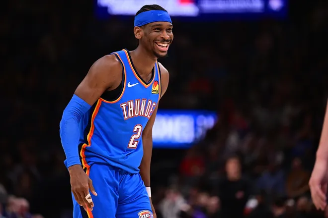 OKLAHOMA CITY, OKLAHOMA - APRIL 5: Shai Gilgeous-Alexander #2 of the Oklahoma City Thunder smiles after a play during the second half against the Utah Jazz at Paycom Center on April 5, 2026 in Oklahoma City, Oklahoma. NOTE TO USER: User expressly acknowledges and agrees that, by downloading and or using this photograph, User is consenting to the terms and conditions of the Getty Images License Agreement. (Photo by Joshua Gateley/Getty Images)