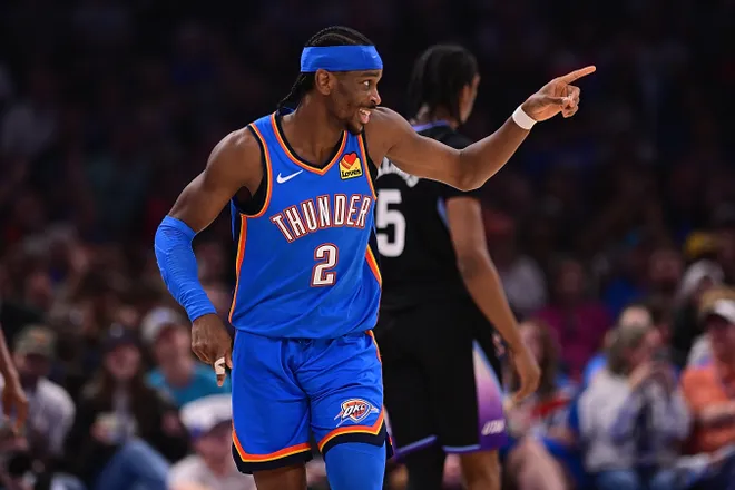 OKLAHOMA CITY, OKLAHOMA - APRIL 5: Shai Gilgeous-Alexander #2 of the Oklahoma City Thunder celebrates a made basket during the first half against the Utah Jazz at Paycom Center on April 5, 2026 in Oklahoma City, Oklahoma. NOTE TO USER: User expressly acknowledges and agrees that, by downloading and or using this photograph, User is consenting to the terms and conditions of the Getty Images License Agreement. (Photo by Joshua Gateley/Getty Images)