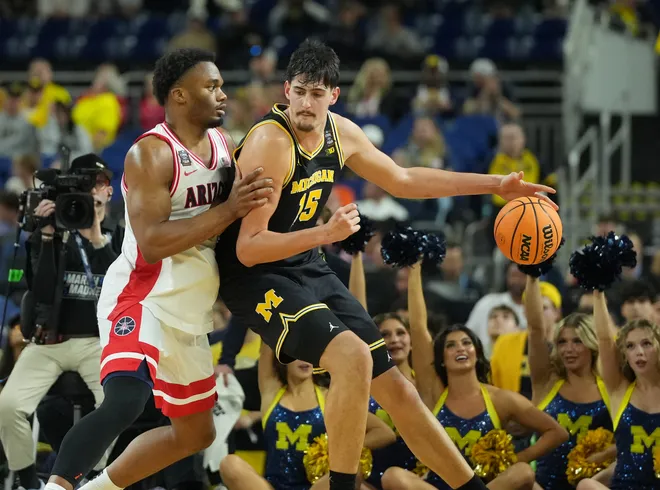 Apr 4, 2026; Indianapolis, IN, USA; Michigan Wolverines center Aday Mara (15) in action against Arizona Wildcats forward Tobe Awaka (30) in the second half during a semifinal of the Final Four of the men's 2026 NCAA Tournament at Lucas Oil Stadium. Mandatory Credit: Robert Deutsch-Imagn Images