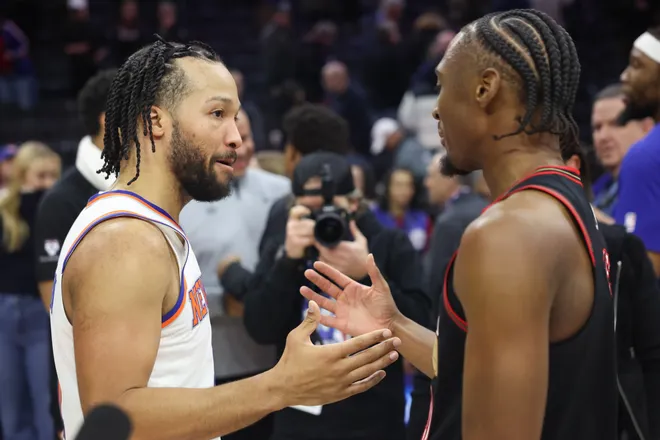 Jan 24, 2026; Philadelphia, Pennsylvania, USA; New York Knicks guard Jalen Brunson (11) and Philadelphia 76ers guard Tyrese Maxey (0) shake hands after the game at Xfinity Mobile Arena. Mandatory Credit: Bill Streicher-Imagn Images