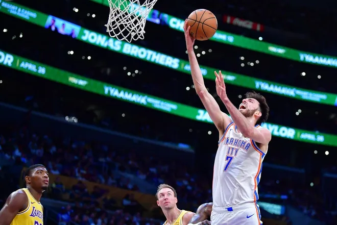 April 7, 2026; Los Angeles, California, USA; Oklahoma City Thunder center Chet Holmgren (7) shoots against the Los Angeles Lakers during the second half at Crypto.com Arena.