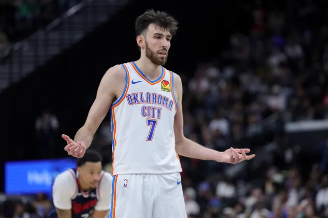 INGLEWOOD, CALIFORNIA - APRIL 08: Chet Holmgren #7 of the Oklahoma City Thunder reacts during the second half of an NBA game against the Los Angeles Clippers at Intuit Dome on April 08, 2026 in Inglewood, California. NOTE TO USER: User expressly acknowledges and agrees that, by downloading and or using this photograph, User is consenting to the terms and conditions of the Getty Images License Agreement. (Photo by Ryan Sirius Sun/Getty Images)