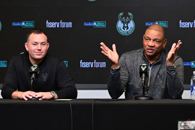Jan 27, 2024; Milwaukee, WI, USA; Doc Rivers speaks at a press conference with general manager Jon Horst where he was introduce as the new head coach of the Milwaukee Bucks at the Fiserv Forum. Mandatory Credit: Benny Sieu-USA TODAY Sports