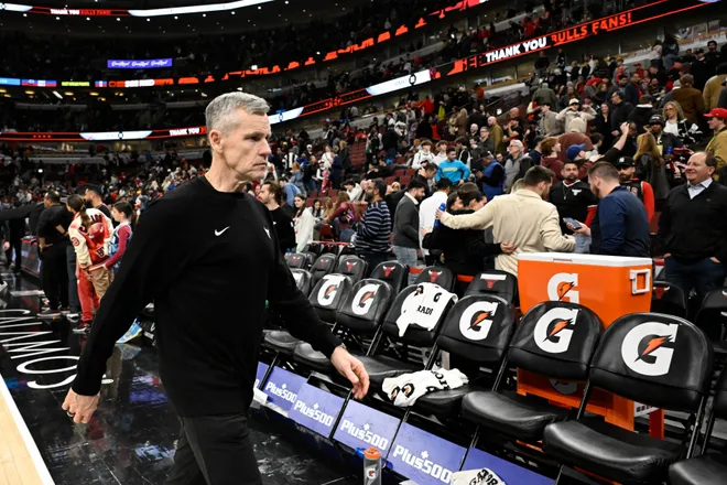 Apr 10, 2026; Chicago, Illinois, USA; Chicago Bulls Head Coach Billy Donovan leaves the court after the game against the Orlando Magic at the United Center. Mandatory Credit: Matt Marton-Imagn Images