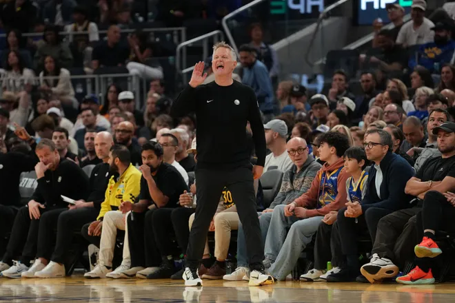 Apr 5, 2026; San Francisco, California, USA; Golden State Warriors head coach Steve Kerr instructs his team during action against the Houston Rockets in the fourth quarter at the Chase Center. Mandatory Credit: Cary Edmondson-Imagn Images