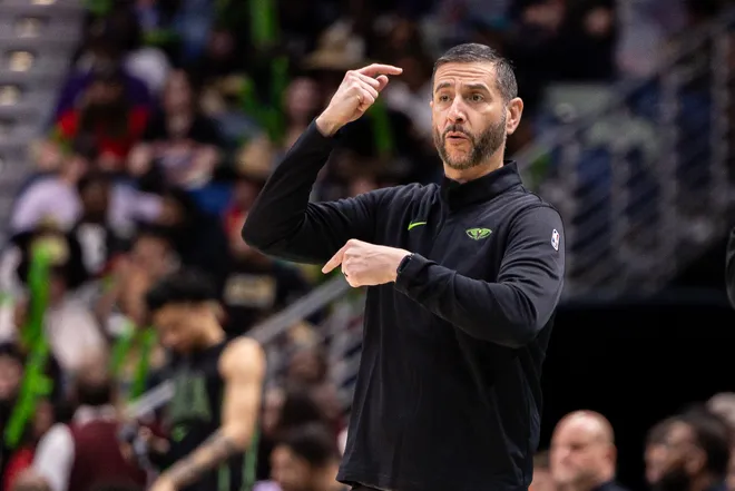 Apr 5, 2026; New Orleans, Louisiana, USA; New Orleans Pelicans Interim Head Coach James Borrego reacts to a play against the Orlando Magic during the second half at Smoothie King Center. Mandatory Credit: Stephen Lew-Imagn Images