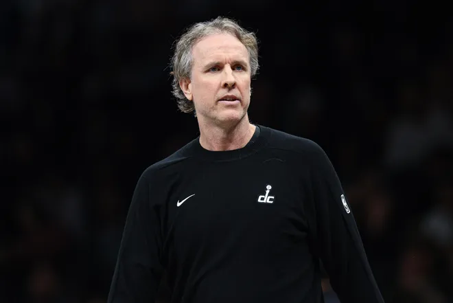 Apr 5, 2026; Brooklyn, New York, USA; Washington Wizards head coach Brian Keefe looks on during the first quarter against the Brooklyn Nets at Barclays Center. Mandatory Credit: Vincent Carchietta-Imagn Images