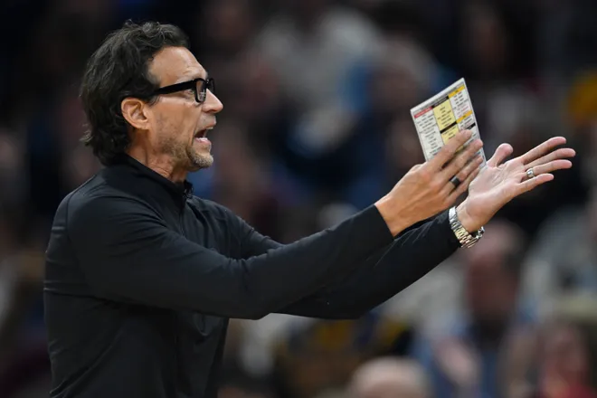 Apr 8, 2026; Cleveland, Ohio, USA; Atlanta Hawks head coach Quin Snyder reacts in the third quarter against the Cleveland Cavaliers at Rocket Arena. Mandatory Credit: David Richard-Imagn Images