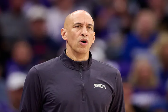 Apr 10, 2026; Sacramento, California, USA; Sacramento Kings head coach Doug Christie looks on against the Golden State Warriors during the second quarter at Golden 1 Center. Mandatory Credit: Robert Edwards-Imagn Images