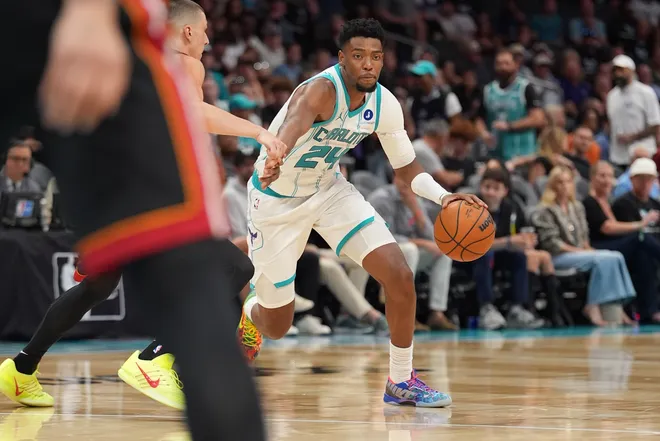 Apr 14, 2026; Charlotte, North Carolina, USA; Charlotte Hornets forward Brandon Miller (24) moves the ball during the second half during the play-in rounds between the Charlotte Hornets and the Miami Heat of the 2026 NBA Playoffs at Spectrum Center. Mandatory Credit: Jim Dedmon-Imagn Images