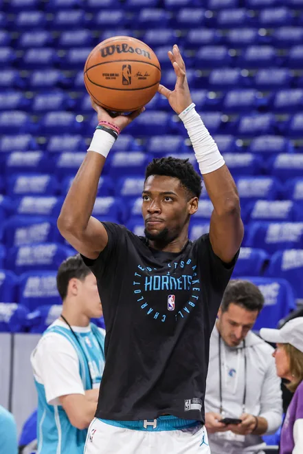 Apr 17, 2026; Orlando, Florida, USA; Charlotte Hornets forward Brandon Miller (24) warms up before the game against the Orlando Magic during the play-in rounds of the 2026 NBA Playoffs at Kia Center. Mandatory Credit: Mike Watters-Imagn Images