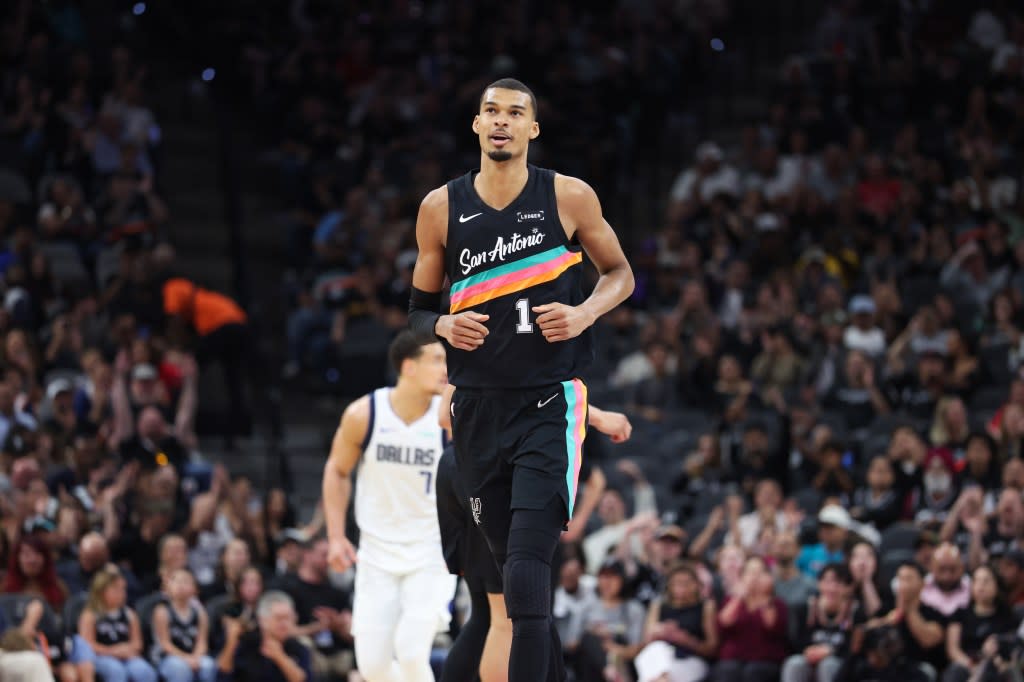 Victor Wembanyama #1 of the San Antonio Spurs smiles during the game against the Dallas Mavericks on April 10, 2026 at the Frost Bank Center in San Antonio, Texas. NBAE via Getty Images
