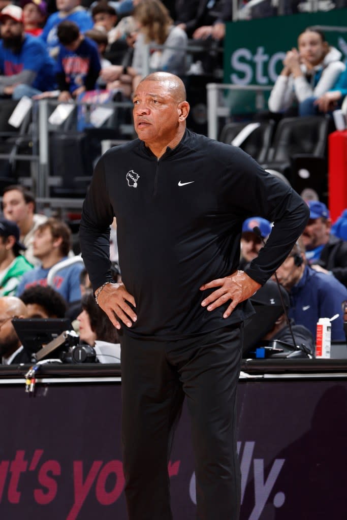 Doc Rivers is not happy happy with Shams Charania. NBAE via Getty Images
