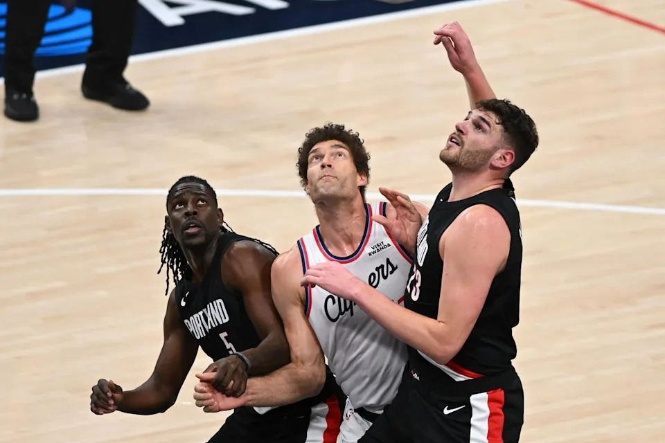 Los Angeles Clippers center Brook Lopez (11) battles for the rebound during a game between the Los Angeles Clippers and the Portland Trailblazers on Tuesday, March 31, 2026 at Intuit Dome in Inglewood Calif