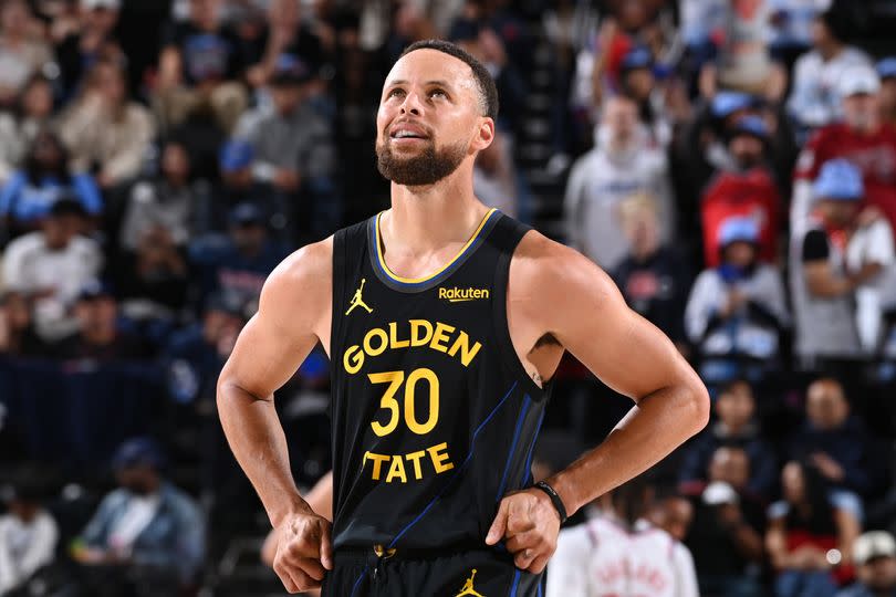 Stephen Curry #30 of the Golden State Warriors looks on during the game against the LA Clippers on April 12, 2026 at Intuit Dome in Los Angeles, California