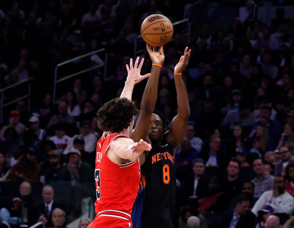 Knicks puts up a shot as guard Josh Giddey #3 of the Chicago Bulls defends during the first half at Madison Square Garden, Friday April 3rd, 2026, in New York, NY. Jason Szenes for the New York Post
