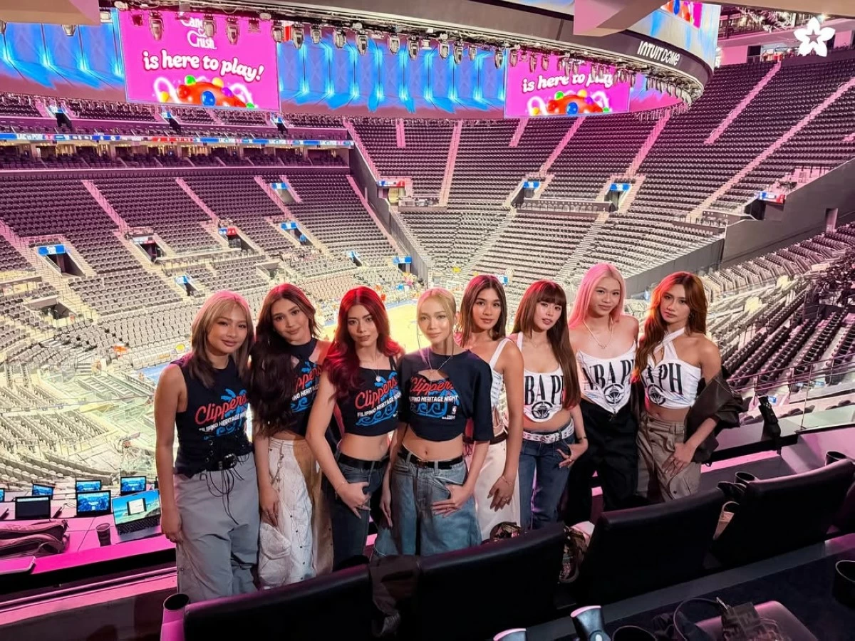 Bini makes an appearance at the Intuit Dome in their own versions of the Los Angeles Clippers’ Filipino Heritage Night tees (Photo from @bini_ph/Instagram)