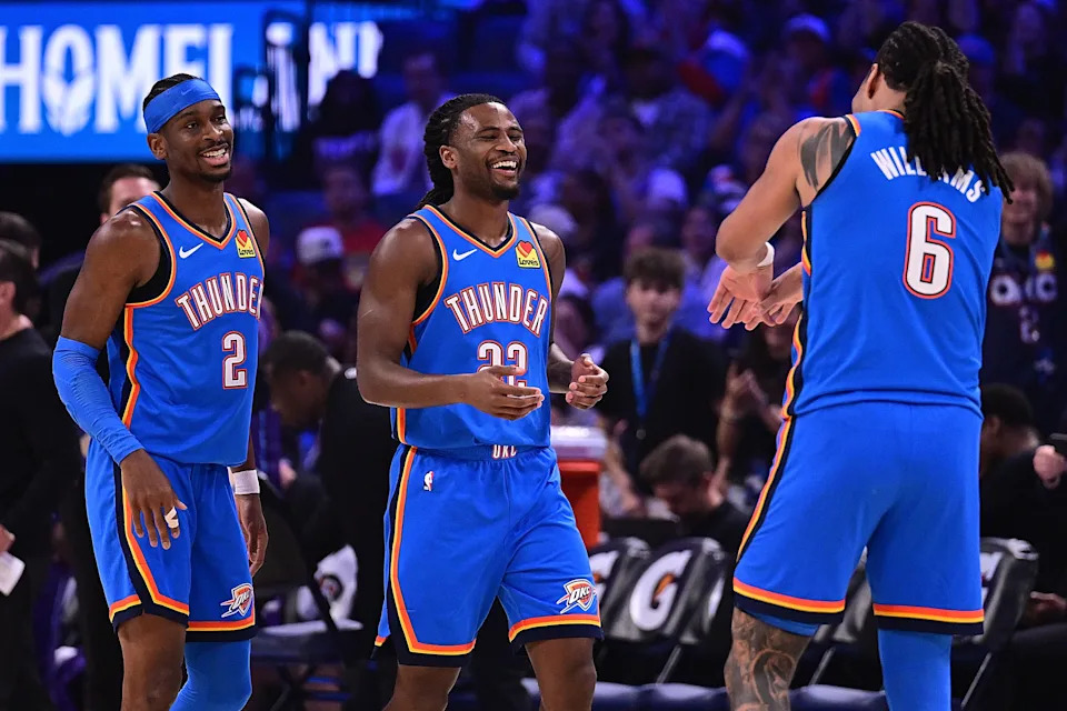 OKLAHOMA CITY, OKLAHOMA - APRIL 5: Cason Wallace #22, Shai Gilgeous-Alexander #2, and Jaylin Williams #6 of the Oklahoma City Thunder celebrate during the first half against the Utah Jazz at Paycom Center on April 5, 2026 in Oklahoma City, Oklahoma. NOTE TO USER: User expressly acknowledges and agrees that, by downloading and or using this photograph, User is consenting to the terms and conditions of the Getty Images License Agreement. (Photo by Joshua Gateley/Getty Images)