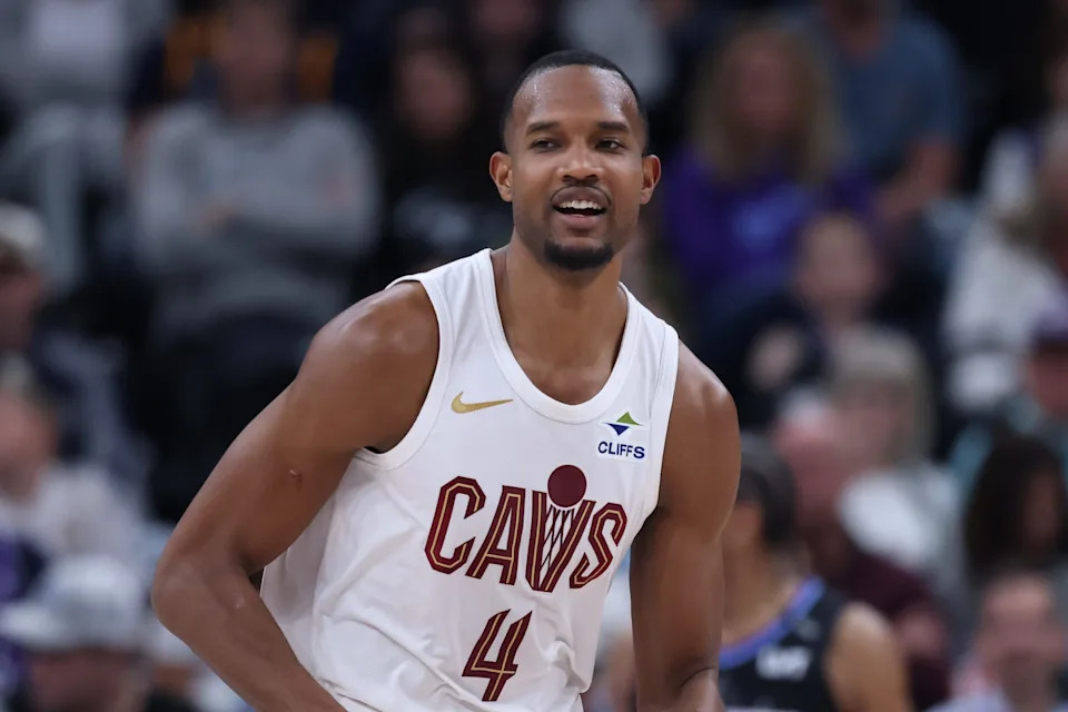 Cavaliers center Evan Mobley reacts after a first-half play against the Utah Jazz, March 30, 2025, in Salt Lake City.
