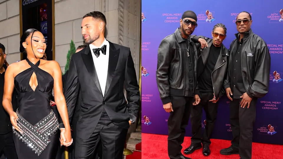 Split image of Megan Thee Stallion with Klay Thompson and Bone Thugs-N-Harmony.