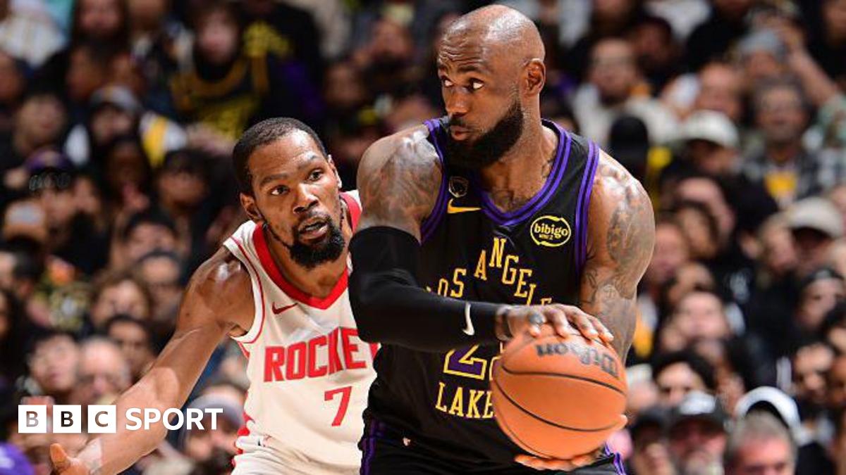 Kevin Durant of the Houston Rockets guards LeBron James of the Los Angeles Lakers during game two of their 2026 NBA play-off series