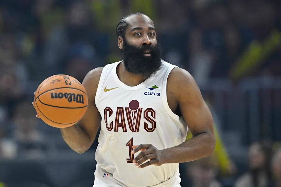 Cleveland Cavaliers guard James Harden (1) brings the ball up court in the third quarter against the Miami Heat at Rocket Arena.<br> © David Richard-Imagn Images