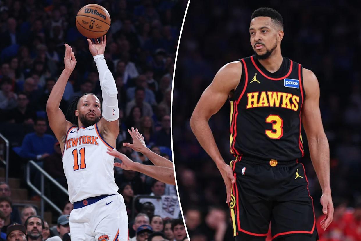 An image collage containing 2 images, Image 1 shows New York Knicks guard Jalen Brunson (11) shoots the ball against the Atlanta Hawks, Image 2 shows Atlanta Hawks guard CJ McCollum (3) during the first half of the 2026 NBA Playoffs against the New York Knicks