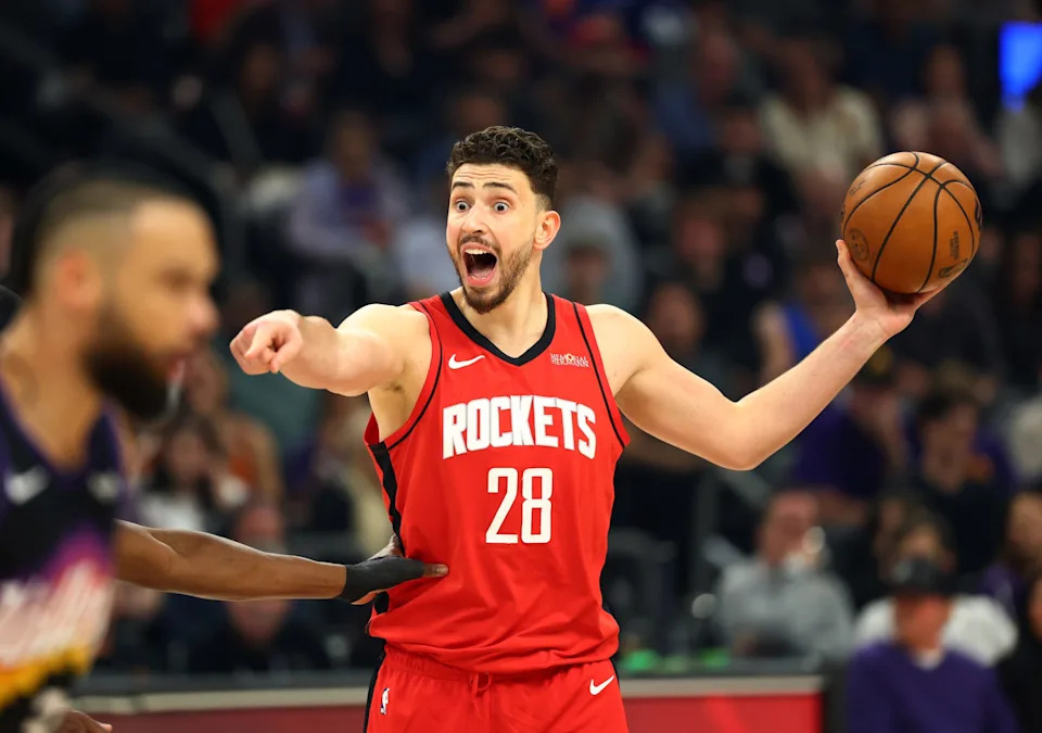 Apr 7, 2026; Phoenix, Arizona, USA; Houston Rockets center Alperen Sengun (28) reacts against the Phoenix Suns in the first half at Mortgage Matchup Center. Mandatory Credit: Mark J. Rebilas-Imagn Images