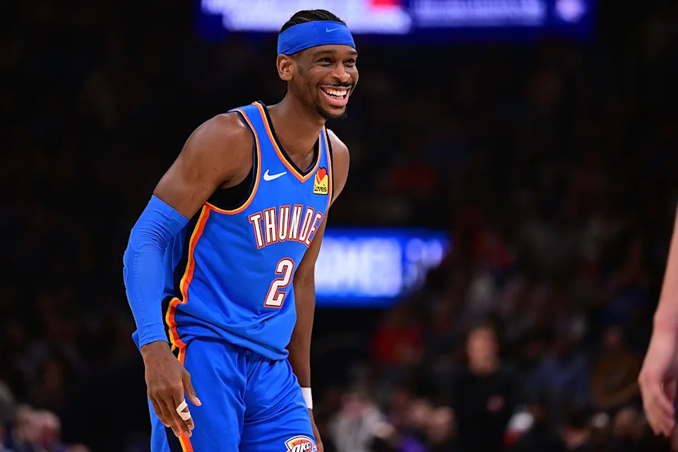 OKLAHOMA CITY, OKLAHOMA - APRIL 5: Shai Gilgeous-Alexander #2 of the Oklahoma City Thunder smiles after a play during the second half against the Utah Jazz at Paycom Center on April 5, 2026 in Oklahoma City, Oklahoma. NOTE TO USER: User expressly acknowledges and agrees that, by downloading and or using this photograph, User is consenting to the terms and conditions of the Getty Images License Agreement. (Photo by Joshua Gateley/Getty Images)