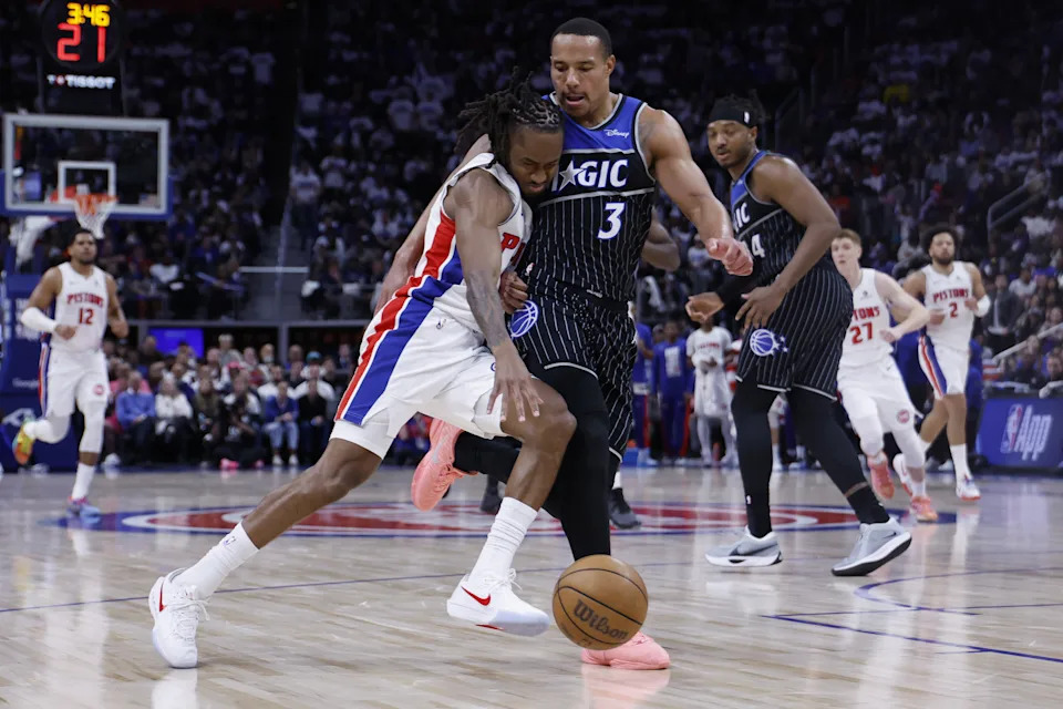 Apr 19, 2026; Detroit, Michigan, USA; <a class="link " href="https://sports.yahoo.com/nba/teams/detroit/" data-i13n="sec:content-canvas;subsec:anchor_text;elm:context_link" data-ylk="slk:Detroit Pistons;sec:content-canvas;subsec:anchor_text;elm:context_link;itc:0" data-yga="{"yLinkElement":"context_link","yModuleName":"content-canvas","yLinkText":"Detroit Pistons","ySubModuleName":"anchor_text","yHasCommerce":false}">Detroit Pistons</a> guard <a class="link " href="https://sports.yahoo.com/nba/players/10316/" data-i13n="sec:content-canvas;subsec:anchor_text;elm:context_link" data-ylk="slk:Daniss Jenkins;sec:content-canvas;subsec:anchor_text;elm:context_link;itc:0" data-yga="{"yLinkElement":"context_link","yModuleName":"content-canvas","yLinkText":"Daniss Jenkins","ySubModuleName":"anchor_text","yHasCommerce":false}">Daniss Jenkins</a> (24) dribbles defended by <a class="link " href="https://sports.yahoo.com/nba/teams/orlando/" data-i13n="sec:content-canvas;subsec:anchor_text;elm:context_link" data-ylk="slk:Orlando Magic;sec:content-canvas;subsec:anchor_text;elm:context_link;itc:0" data-yga="{"yLinkElement":"context_link","yModuleName":"content-canvas","yLinkText":"Orlando Magic","ySubModuleName":"anchor_text","yHasCommerce":false}">Orlando Magic</a> guard <a class="link " href="https://sports.yahoo.com/nba/players/6422/" data-i13n="sec:content-canvas;subsec:anchor_text;elm:context_link" data-ylk="slk:Desmond Bane;sec:content-canvas;subsec:anchor_text;elm:context_link;itc:0" data-yga="{"yLinkElement":"context_link","yModuleName":"content-canvas","yLinkText":"Desmond Bane","ySubModuleName":"anchor_text","yHasCommerce":false}">Desmond Bane</a> (3) in the second half during the 2026 NBA Playoffs at Little Caesars Arena. Mandatory Credit: Rick Osentoski-Imagn Images | Rick Osentoski-Imagn Images